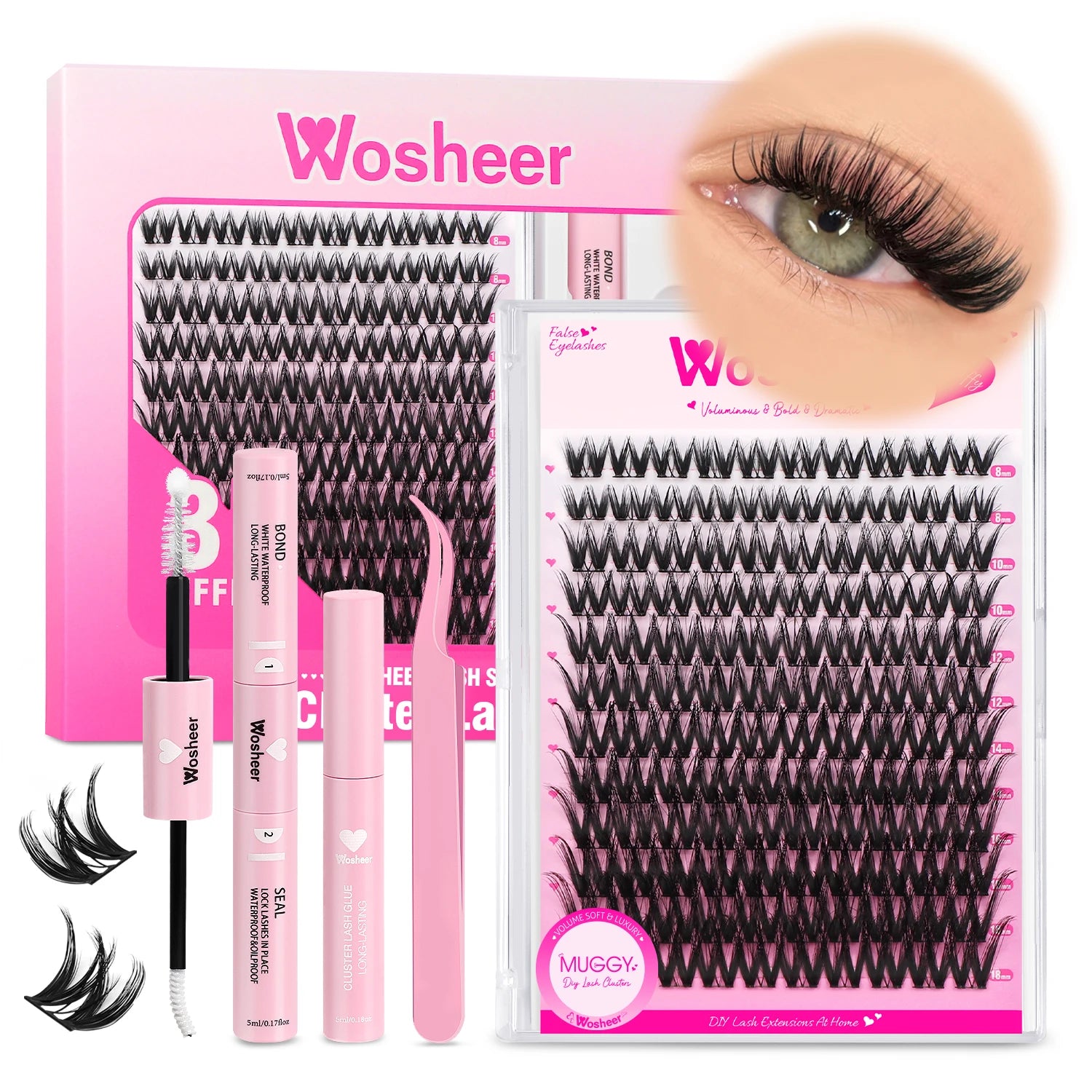 WOSHEER Kit de Cílios em Cluster - Extensão DIY com Cola e Removedor Incluso