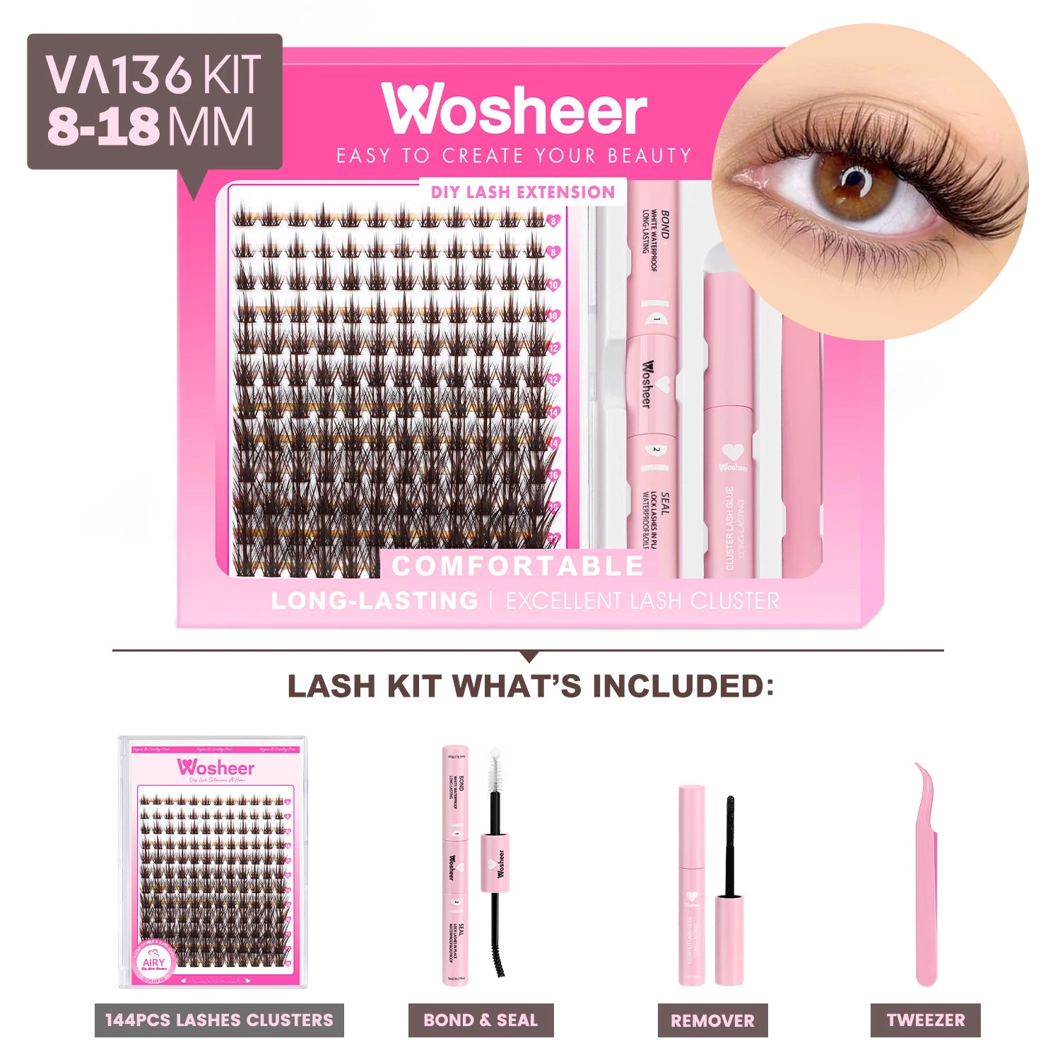 WOSHEER Kit de Cílios em Cluster - Extensão DIY com Cola e Removedor Incluso