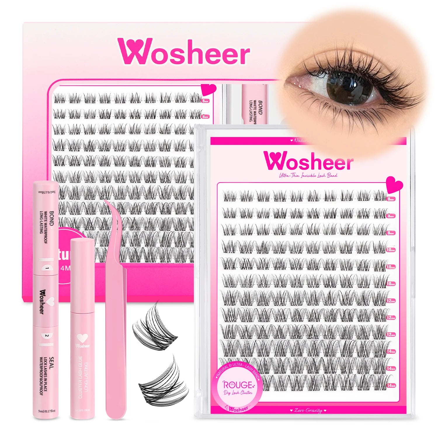 WOSHEER Kit de Cílios em Cluster - Extensão DIY com Cola e Removedor Incluso