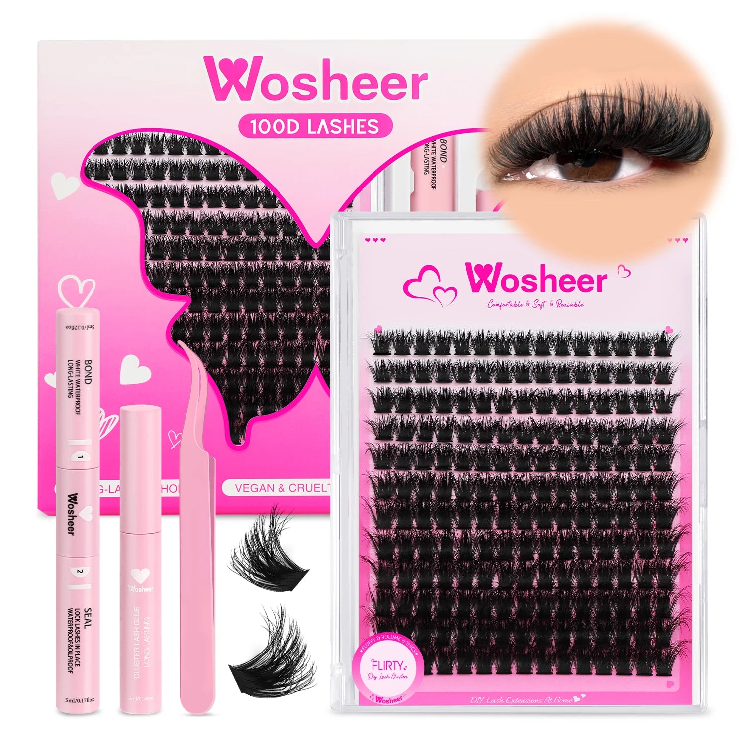 WOSHEER Kit de Cílios em Cluster - Extensão DIY com Cola e Removedor Incluso